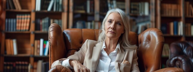 elegant and beautiful middle aged businesswoman sitting in leather chair, wearing business attire, office background with bookshelves. generative AI