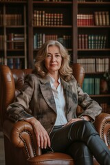 Obraz premium elegant and beautiful middle aged businesswoman sitting in leather chair, wearing business attire, office background with bookshelves. generative AI