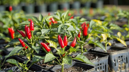 Red and green chili or capsicum frutescens plants. Planted in plant nursery. Generative Ai