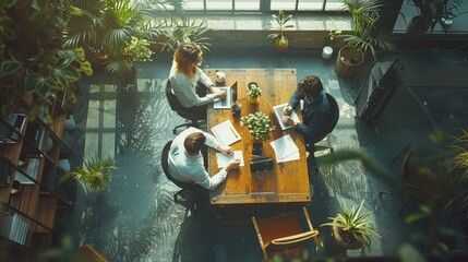 The photo shows a group of diverse professionals working together in a modern office. They are surrounded by plants, which creates a relaxed and inviting atmosphere. The photo is taken from a high
