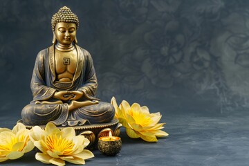 Fototapeta premium Gold Buddha statue and yellow lotus flowers on empty dark background with copy space, yoga, meditation and relaxation time