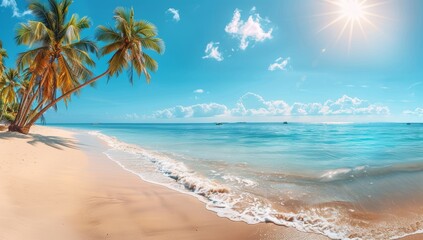 Panorama beach with palm trees and clouds in the sky