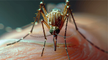 Mosquito close up macro. Mosquito bite. Dangerous blood-sucking insect. Mosquito repellent. Protection from insects and mosquitoes.	