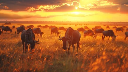 A peaceful herd of wildebeests grazing on the grasslands highlighted by the warm hues of the setting sun. - Powered by Adobe