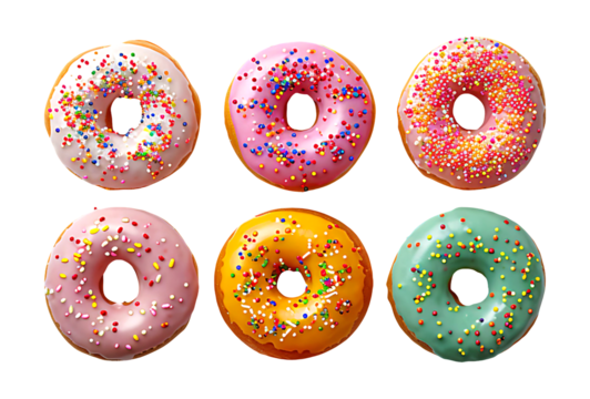 Donut variety with colorful sprinkles, diverse icing, and distinct flavors.