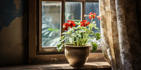 Geranium flower in pot in window