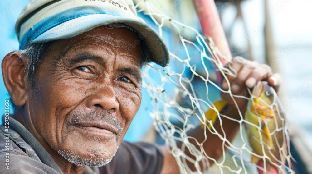 Aufkleber a fisherman proudly displaying a catch caught using an ecofriendly fishing net minimizing bycatch an