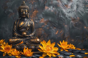 Fototapeta premium Gold Buddha statue and yellow lotus flowers on empty dark background with copy space, yoga, meditation and relaxation time