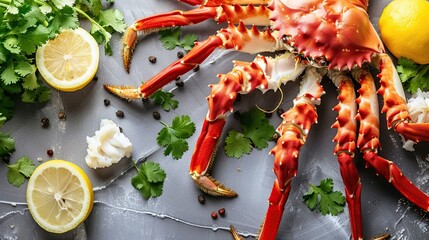 Red king crab on gray background. King crab, lemon and cilantro, top view. Generative Ai