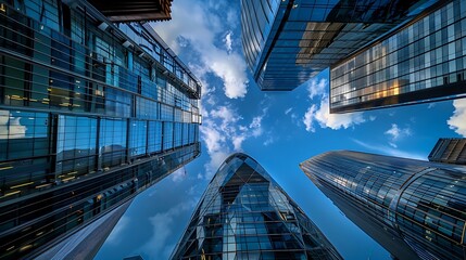 Upward view of modern skyscrapers in a city with glass facades and blue sky reflections