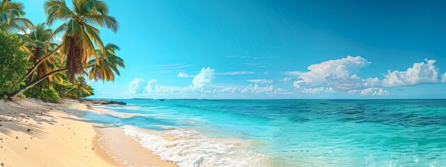 Fototapeta premium Panorama beach with palm trees and clouds in the sky
