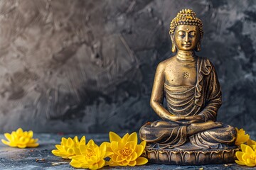 Obraz premium Gold Buddha statue and yellow lotus flowers on empty dark background with copy space, yoga, meditation and relaxation time