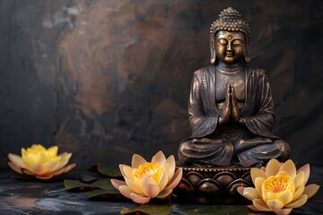 Fototapeta premium Gold Buddha statue and yellow lotus flowers on empty dark background with copy space, yoga, meditation and relaxation time