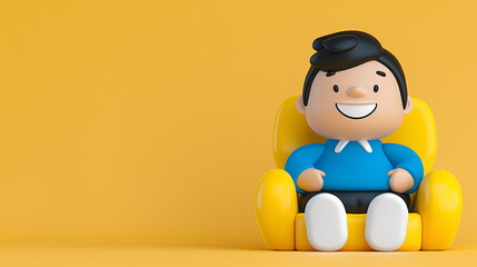 A cheerful cartoon character with black hair wearing a blue shirt is sitting comfortably in a bright yellow armchair against a plain orange background - Generative AI