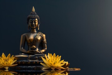 Obraz premium Gold Buddha statue and yellow lotus flowers on empty dark background with copy space, yoga, meditation and relaxation time