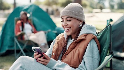 Woman, smartphone and happy in nature for camping, smile and holiday or getaway with friends for peace. Vacation, adventure and camper online for social media post, blog and laughing for meme