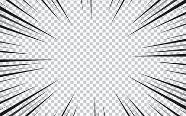 Transparent manga background. Comic explosion, motion speed vector radial line action effect. Anime comic book abstract frame with black pattern of superhero action lines.