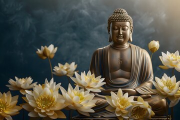 Fototapeta premium Gold Buddha statue and yellow lotus flowers on empty dark background with copy space, yoga, meditation and relaxation time