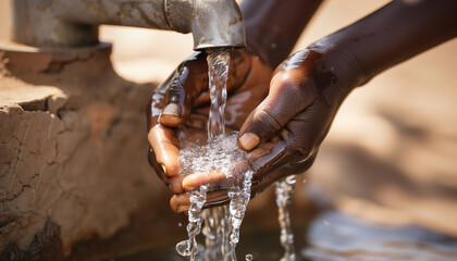 Close-up of an African child's hands under a stream of water.
