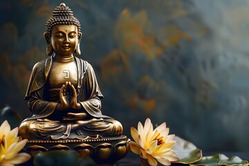 Obraz premium Gold Buddha statue and yellow lotus flowers on empty dark background with copy space, yoga, meditation and relaxation time