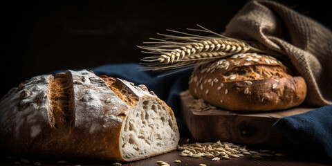From field to table: wheat grains, homemade bread and harvest ears.