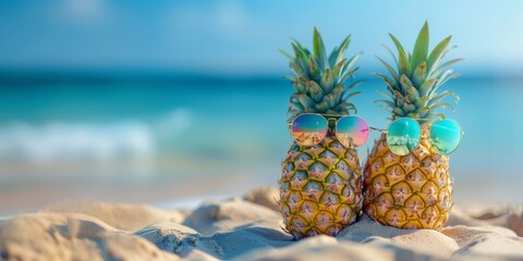 Two pineapples wearing sunglasses on a beach. Summer vacation and travel concept. Banner with copy space