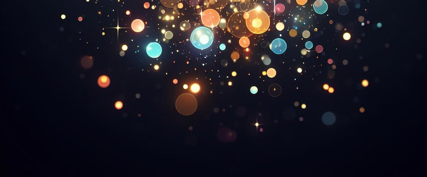 Black banner dark bokeh particles glitter awards dust gradient abstract background. Futuristic glittering in space on black background blank empty with copy space for product design or text copyspace