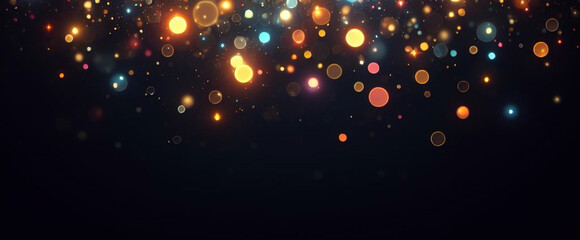 Black banner dark bokeh particles glitter awards dust gradient abstract background. Futuristic glittering in space on black background blank empty with copy space for product design or text copyspace