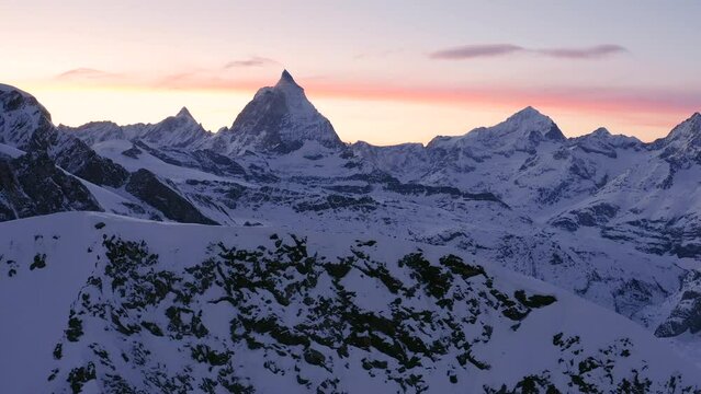 Drone Aerial Flight Over Majestic Mountain Peaks Matterhorn Golden Hour Mountaineering Existential Thoughts Nature 4k Slow Motion