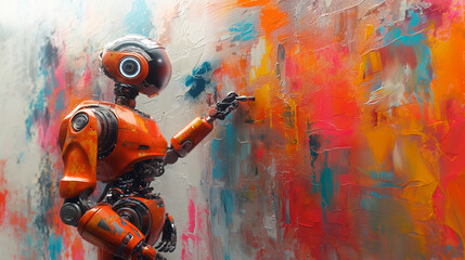 A robot is painting an abstract art on the wall, depicting the future of illustrative, creativity and faster speed of completing an artistic project by artificial intelligence