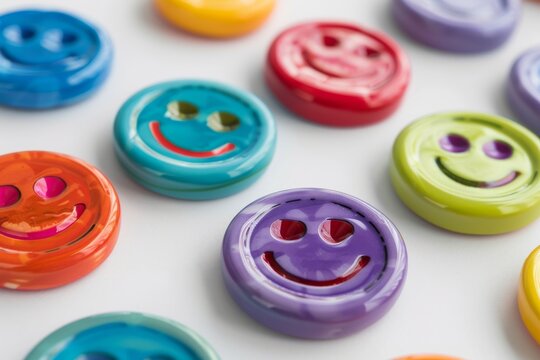 Vibrant button collection with smiley faces, emphasizing a mix of joy and color in crafts
