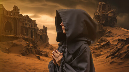 An elderly nun in a black cloak prays against the ruins of an ancient city in the desert during...