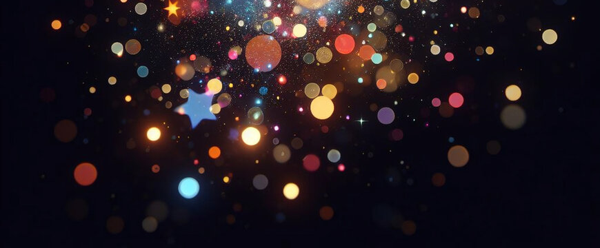 Black banner dark bokeh particles glitter awards dust gradient abstract background. Futuristic glittering in space on black background blank empty with copy space for product design or text copyspace