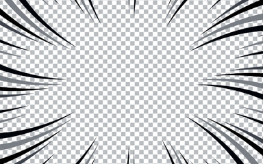 Naklejka premium Transparent manga background. Comic explosion, motion speed vector radial line action effect. Anime comic book abstract frame with black pattern of superhero action lines.