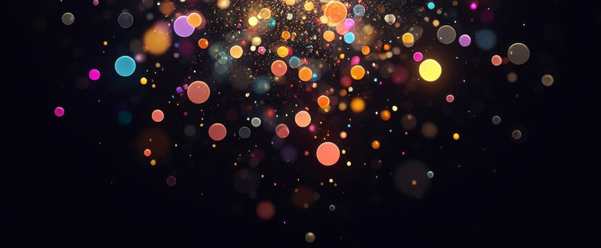 Black banner dark bokeh particles glitter awards dust gradient abstract background. Futuristic glittering in space on black background blank empty with copy space for product design or text copyspace