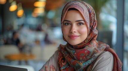 Fototapeta premium Middle-eastern businesswoman wearing traditional arab abaya working in the office in Dubai - Adult arabian corporate business woman working in the UAE