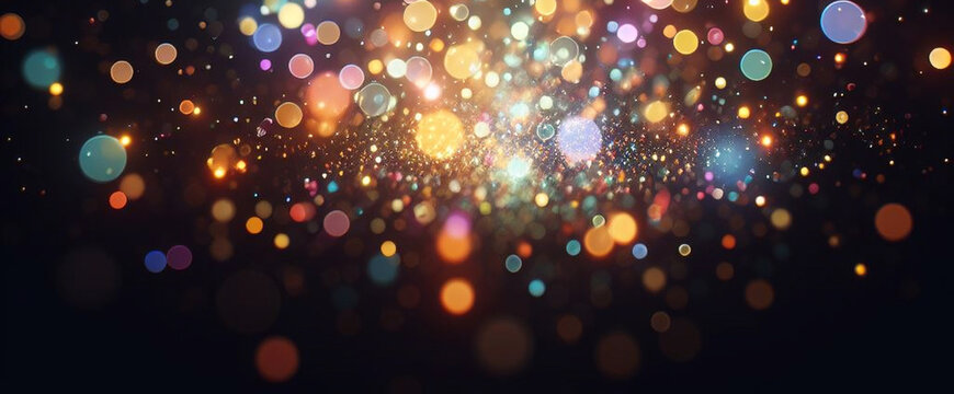 Black banner dark bokeh particles glitter awards dust gradient abstract background. Futuristic glittering in space on black background blank empty with copy space for product design or text copyspace