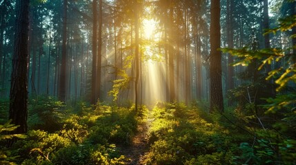 Sunlight Beaming Through a Dense Forest with Lush Greenery