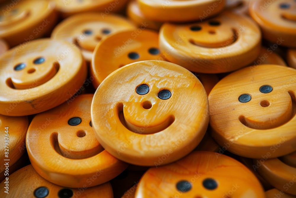 Poster close up of wooden smiley buttons with a natural texture, adding a rustic charm to any craft project