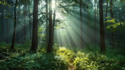 Sunlight Beaming Through a Dense Forest with Lush Greenery