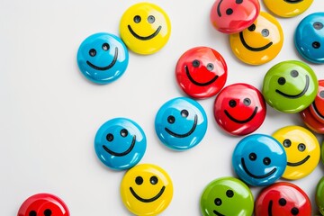 Fototapeta premium Brightly colored smiley buttons scattered across a surface, creating a playful and inviting crafting environment