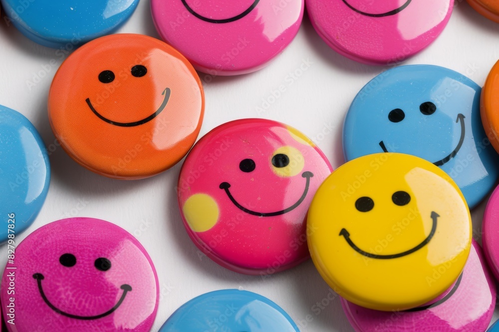 Aufkleber vibrant smiley face buttons in a rainbow of colors, ideal for adding a pop of joy to any crafting se
