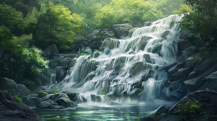 A painting featuring a powerful waterfall in a dense forest setting, showcasing cascading water, green trees, and rugged rocks. Generative AI