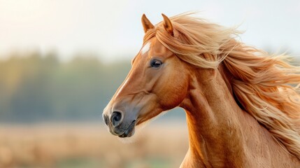 Fototapeta premium Beautiful chestnut horse with flowing mane galloping in an open field at sunset, showcasing strength and freedom.