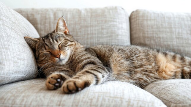 A peaceful tabby cat sleeping on a cozy grey sofa, showcasing a serene and calm moment of a domestic feline in a comfortable home environment.