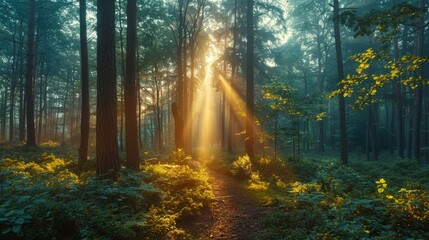 Obraz premium Sunlight Beaming Through a Dense Forest with Lush Greenery