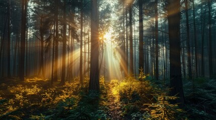 Fototapeta premium Sunlight Beaming Through a Dense Forest with Lush Greenery