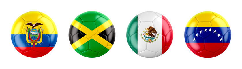 Copa America 2024 USA. GROUP B teams ball flags. Transparent background. 3d illustration .	