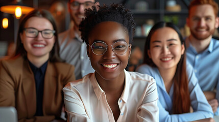 Obraz premium Photo of diverse group of leaders smiling, Successful business team gathered in a boardroom, young professional business people standing together