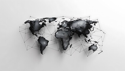 Digital globe with global network connections, white background, simple lines representing the Earth's surface, global map, data flow in black & grey tones, with subtle geometric patterns around it.